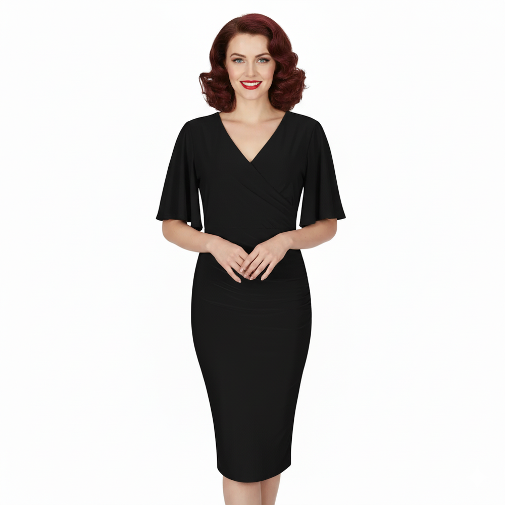 Black Wrap Top Slinky Cocktail Wiggle Dress w/ Butterfly Sleeves