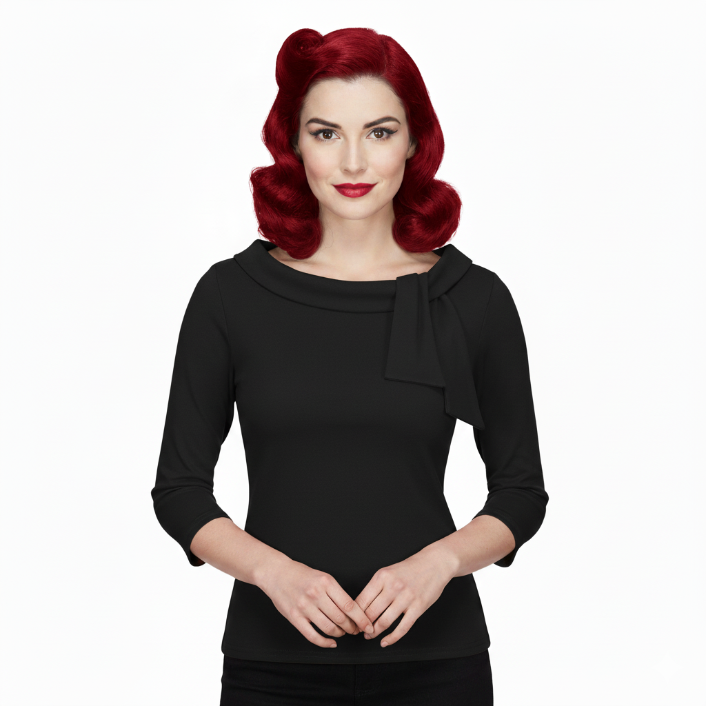 Black 3/4 Sleeve Tie Neck Top
