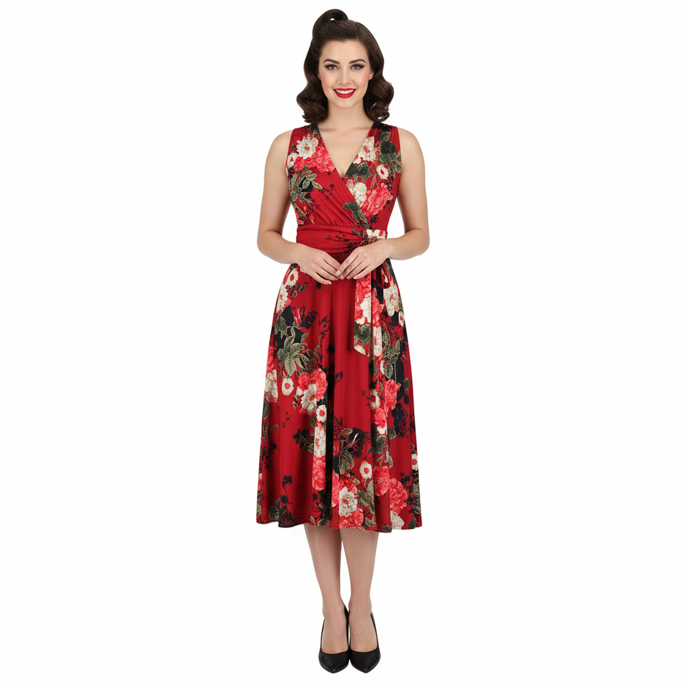 Red Floral Print V Neck Crossover Wrap Top Empire Waist Swing Dress
