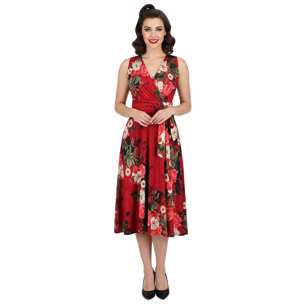 Red Floral Print V Neck Crossover Wrap Top Empire Waist Swing Dress