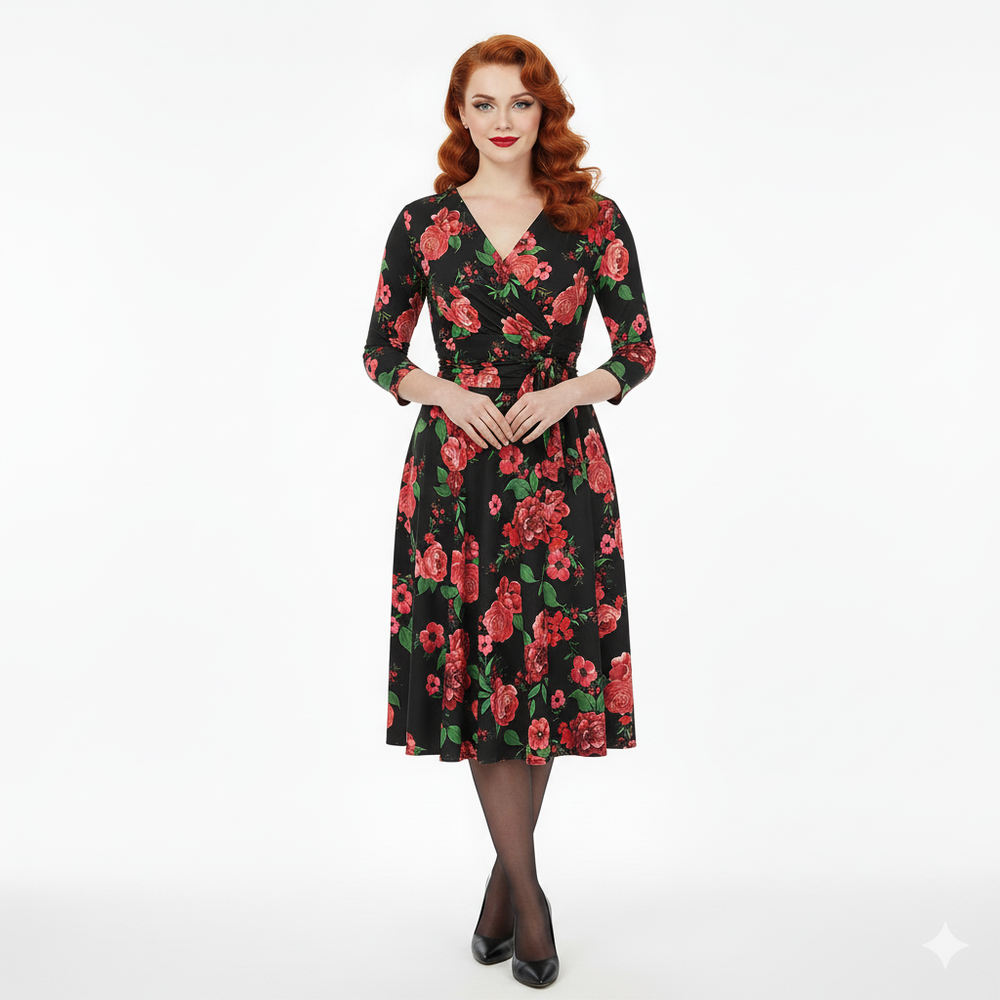 Black Red Pink Rose Floral Print 3/4 Sleeve Crossover Vintage Swing Dress