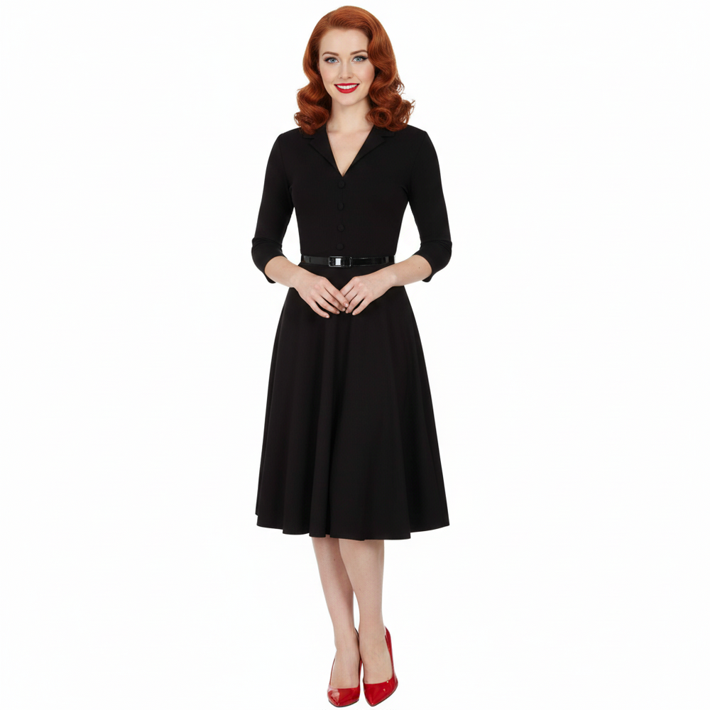 Black Textured 3/4 Sleeve Office Work Belted Swing Dress