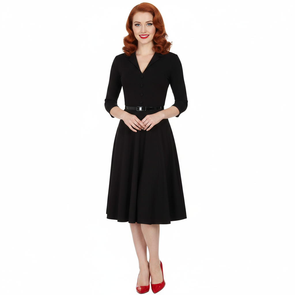 Black Textured 3/4 Sleeve Office Work Belted Swing Dress