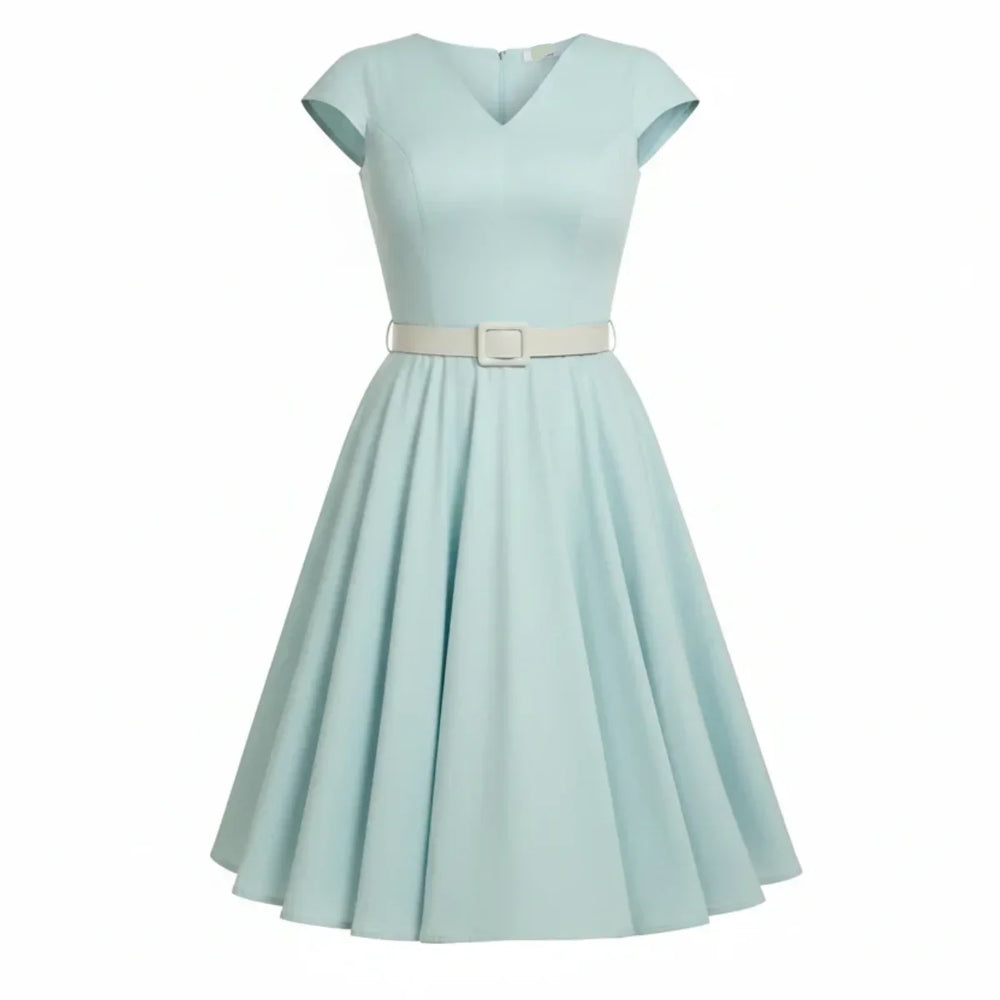 Mint Green V Neck Belted Short Sleeve Swing Dress