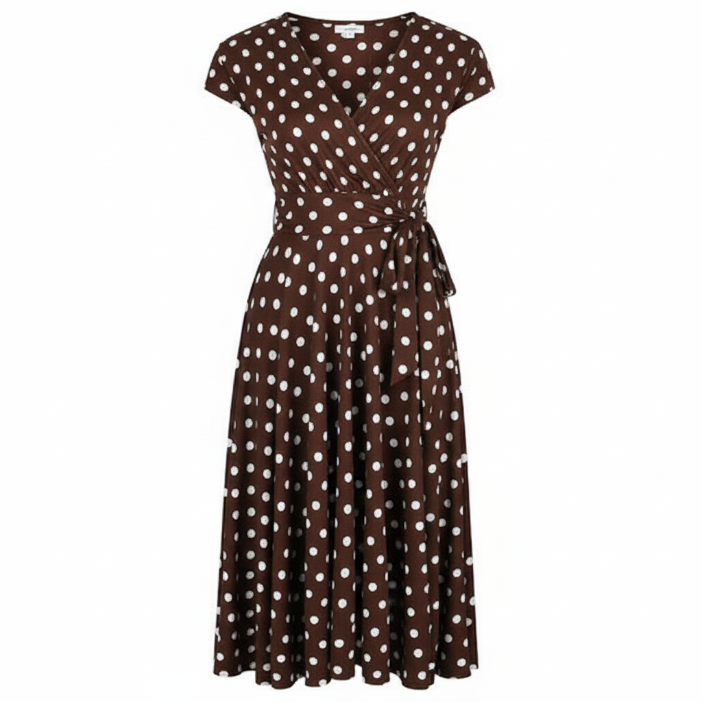 Chocolate Brown Polka Dot Cap Sleeve Fit And Flare Midi Dress