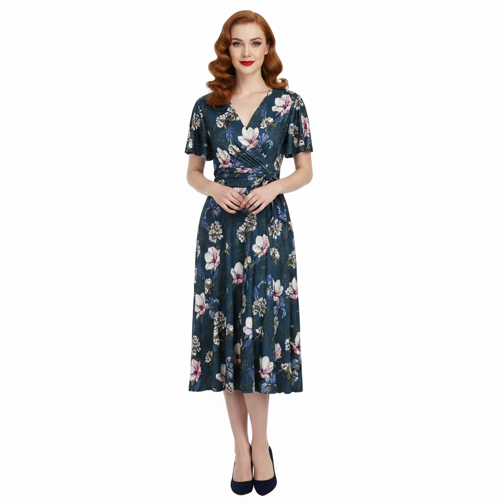 Navy Blue Floral Print Cap Sleeve V Neck Wrap Top Swing Dress