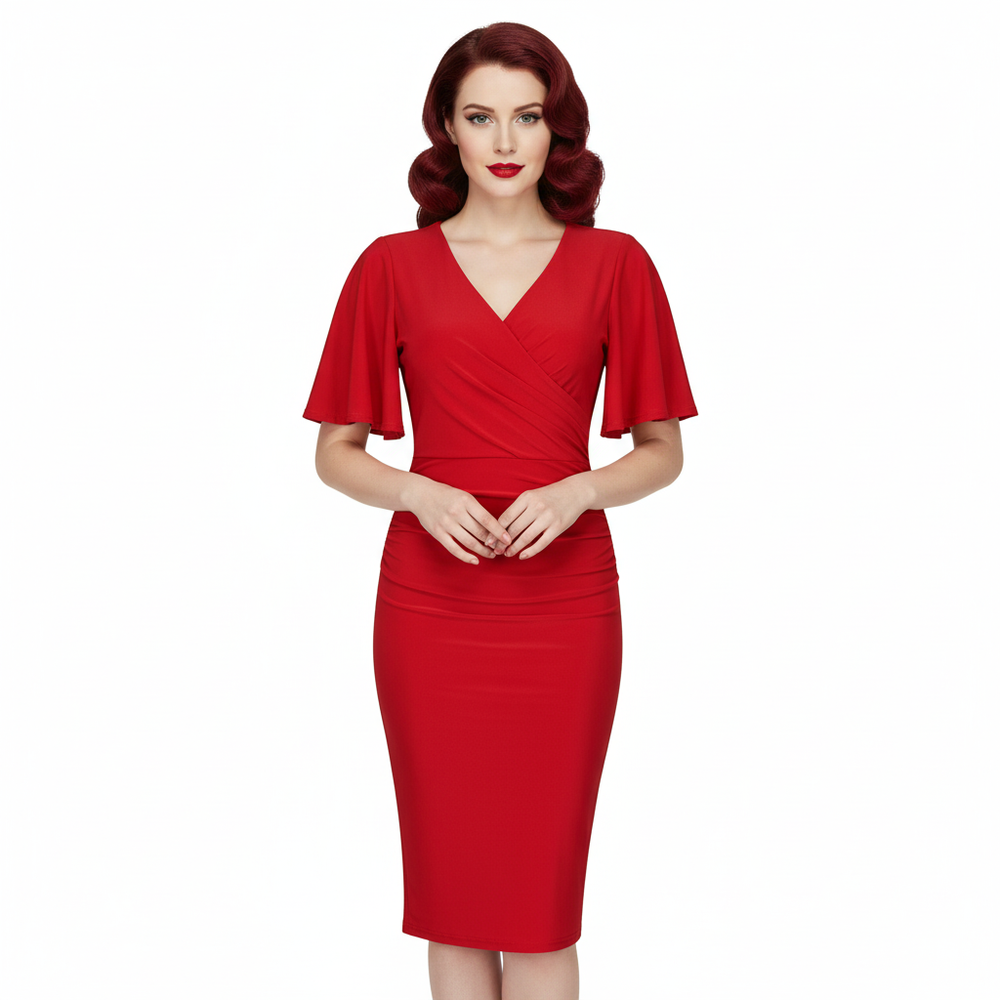 Red Wrap Top Slinky Cocktail Wiggle Dress w/ Butterfly Sleeves