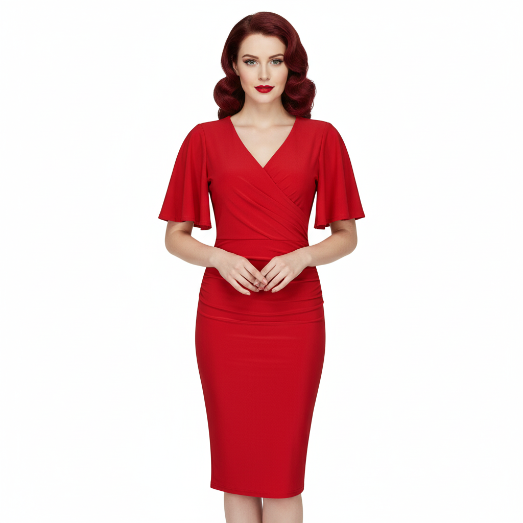 Red Wrap Top Slinky Cocktail Wiggle Dress w/ Butterfly Sleeves