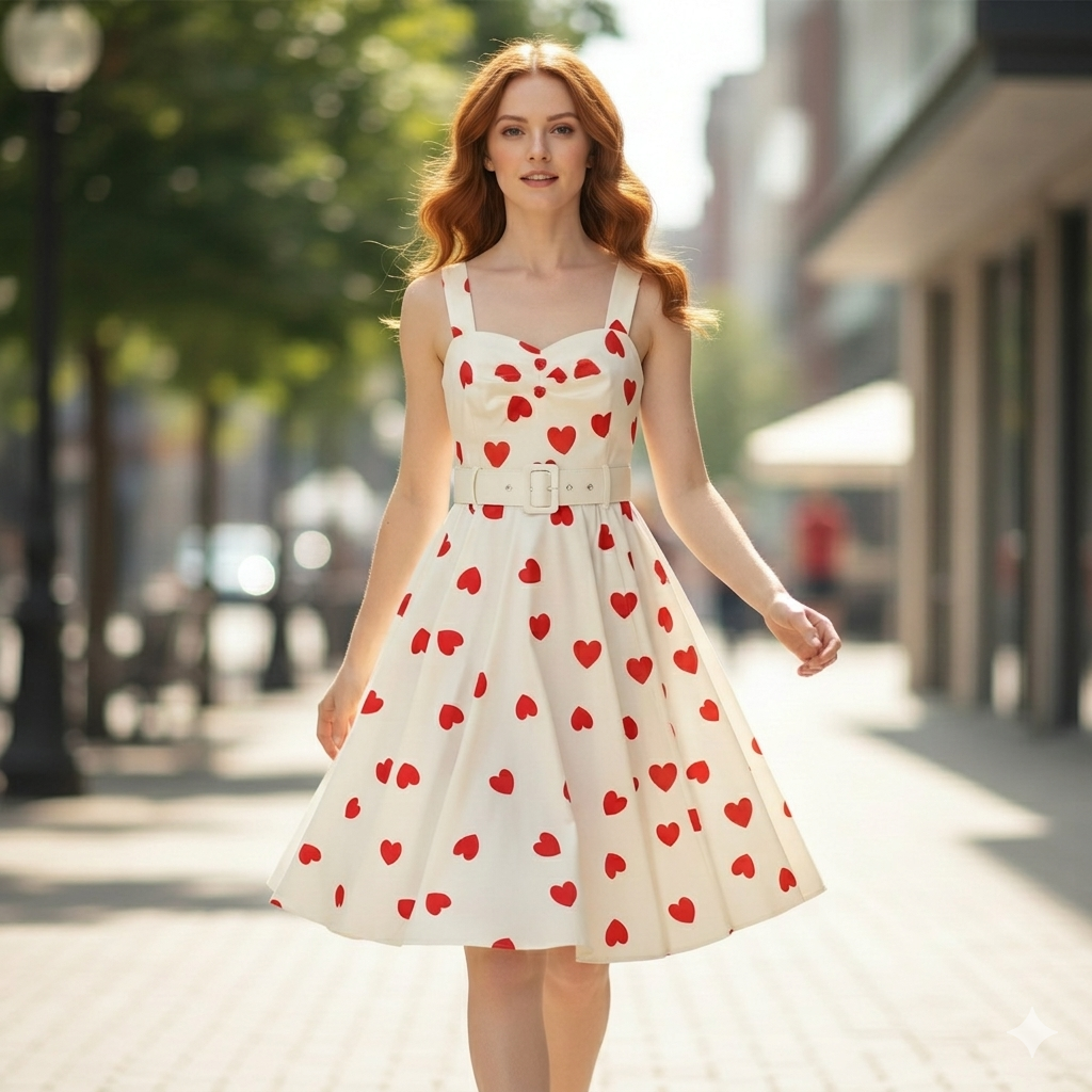 White With Red Heart Rockabilly Shoulder Strap 50s Swing Dress