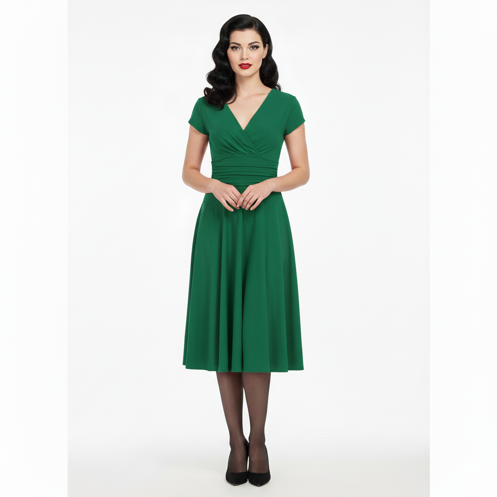 Emerald Green A Line Vintage Crossover Capped Sleeve Tea Swing Bridesmaid Midi Dress