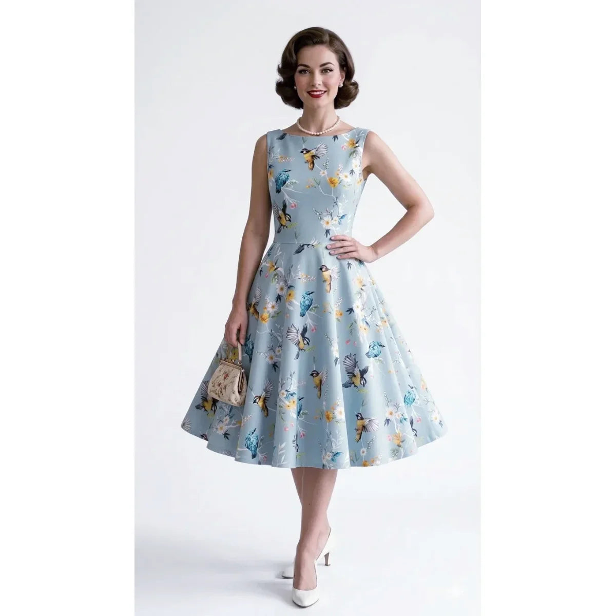 1950s Inspired Blue Floral Bird Print Audrey Vintage Fit & Flare Midi Dress