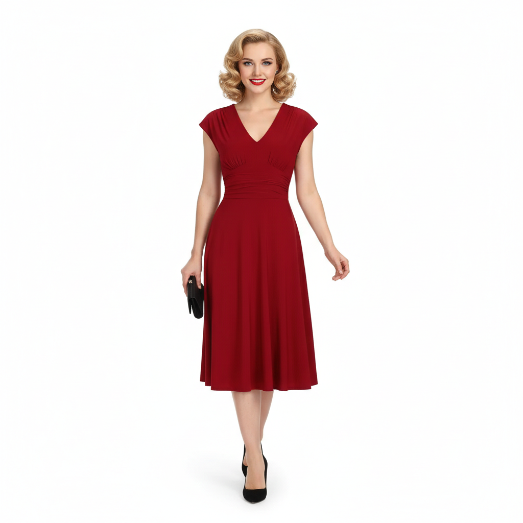 Red Cap Sleeve Ruched Deep V Neck Dress - Pretty Kitty Fashion