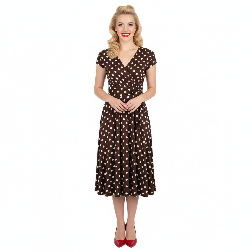 Chocolate Brown Polka Dot Cap Sleeve Fit And Flare Midi Dress