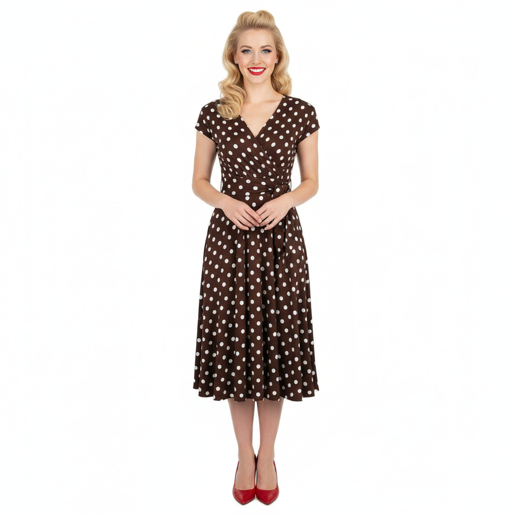 Chocolate Brown Polka Dot Cap Sleeve Fit And Flare Midi Dress