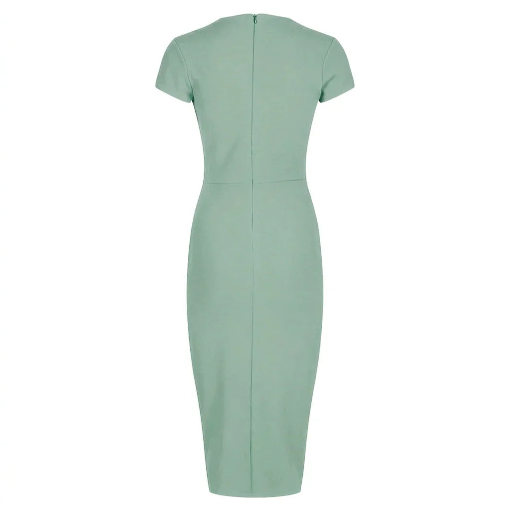 Sage Green Deep V Neck Cap Sleeve Ruched Waist Bodycon Wiggle Dress