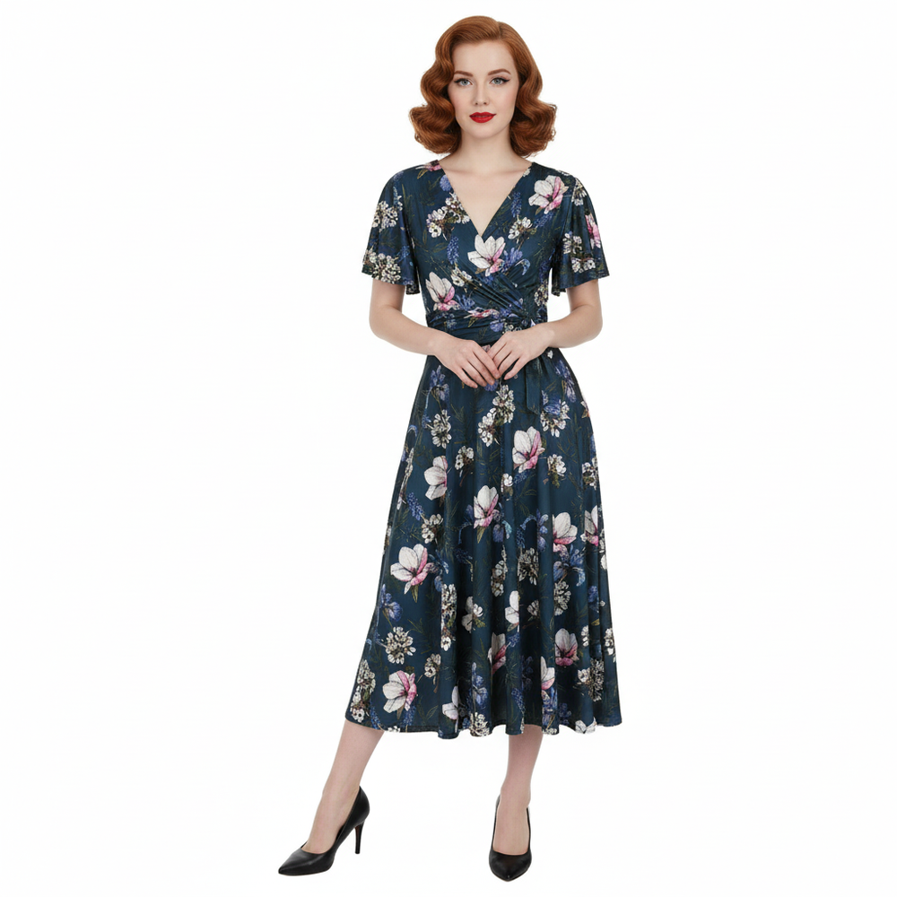 Navy Blue Floral Print Cap Sleeve V Neck Wrap Top Swing Dress