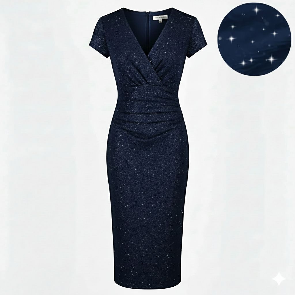 Navy Blue Diamante Embossed Sparkle Deep V Cap Sleeve Bodycon Ruched Waist Wiggle Dress