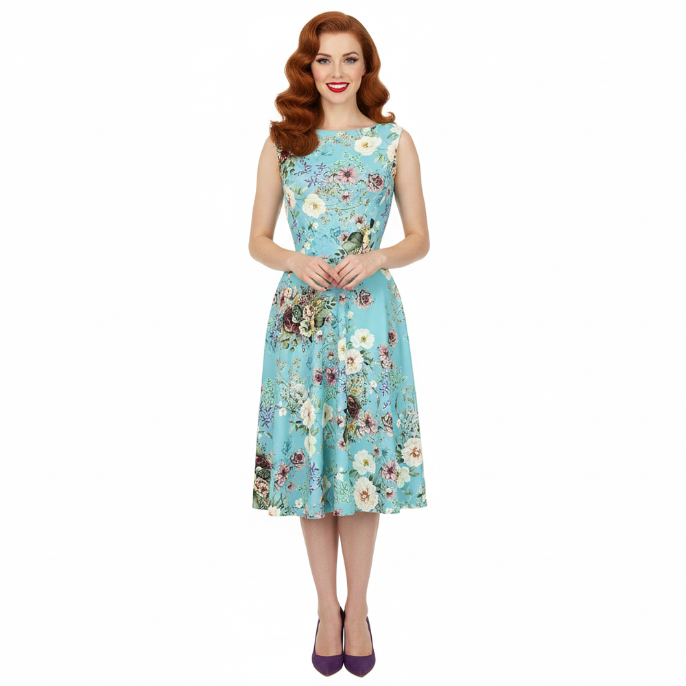 Blue Floral Audrey Hepburn Style Sleeveless 50s Swing Dress With Boat Neckline