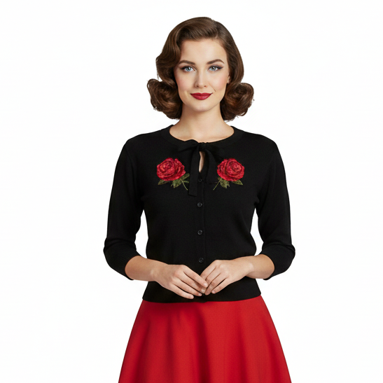Black 3/4 Sleeve Rose Embroidered Cardigan
