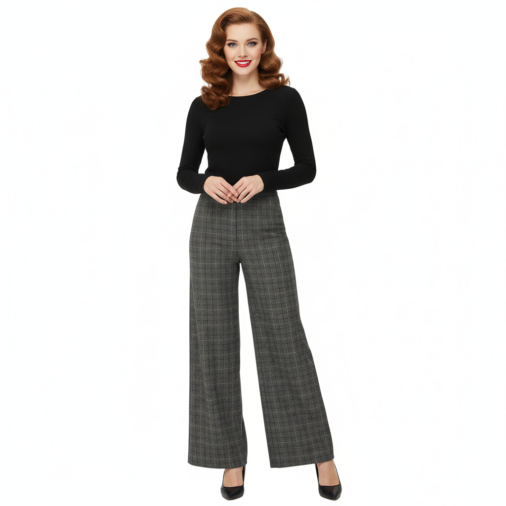 High Waistband Grey Check Flared Trousers