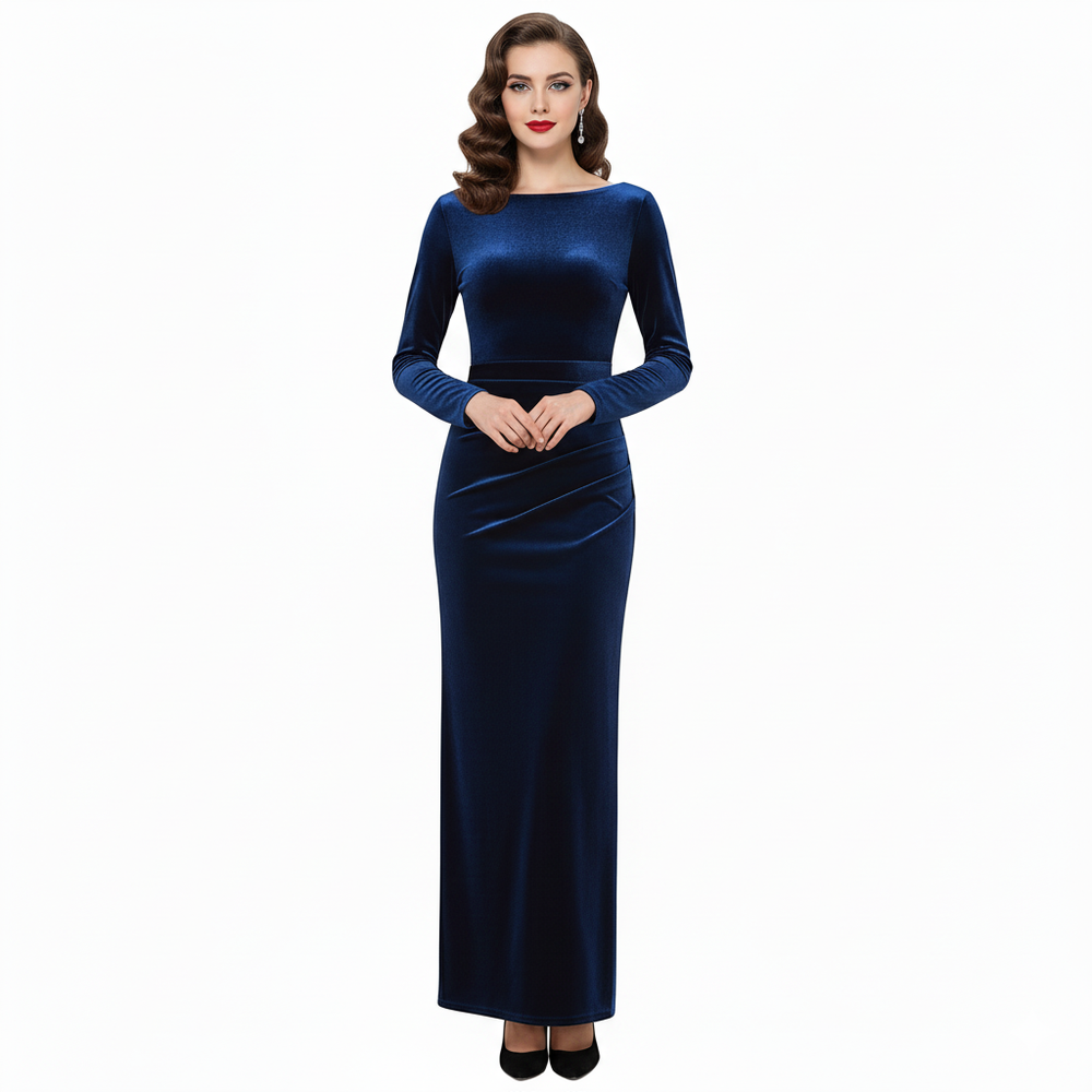 Navy Blue Long Sleeve Boatneck Bodycon Velour Maxi Dress