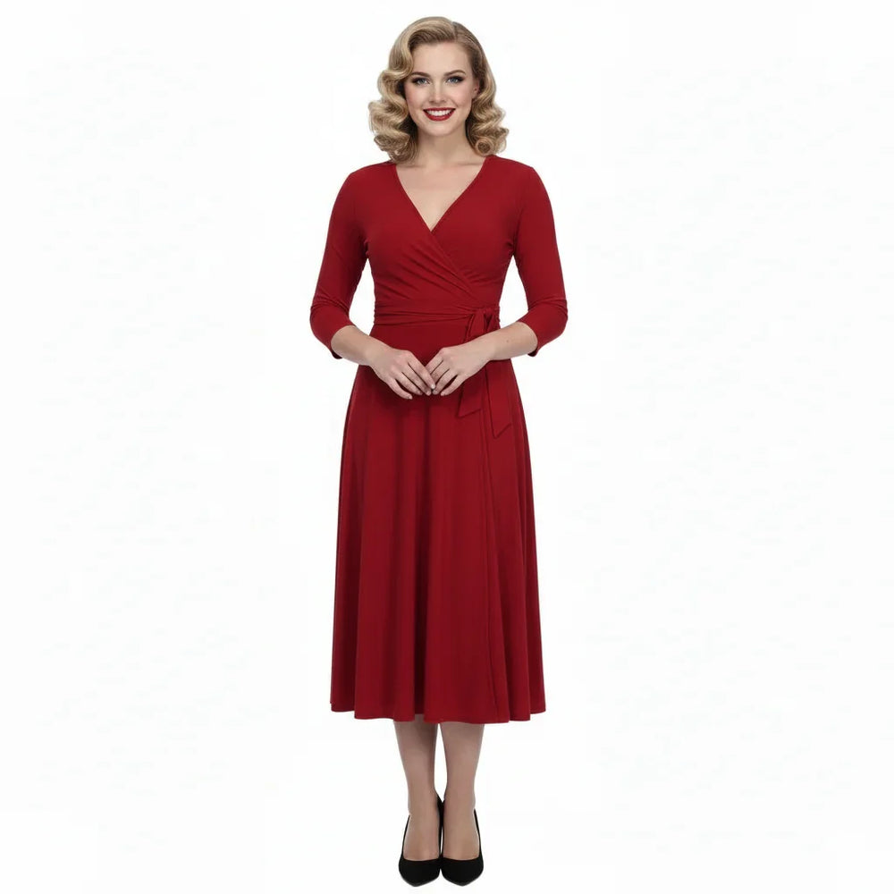 Red 3/4 Sleeve Wrap Top Vintage Swing Dress