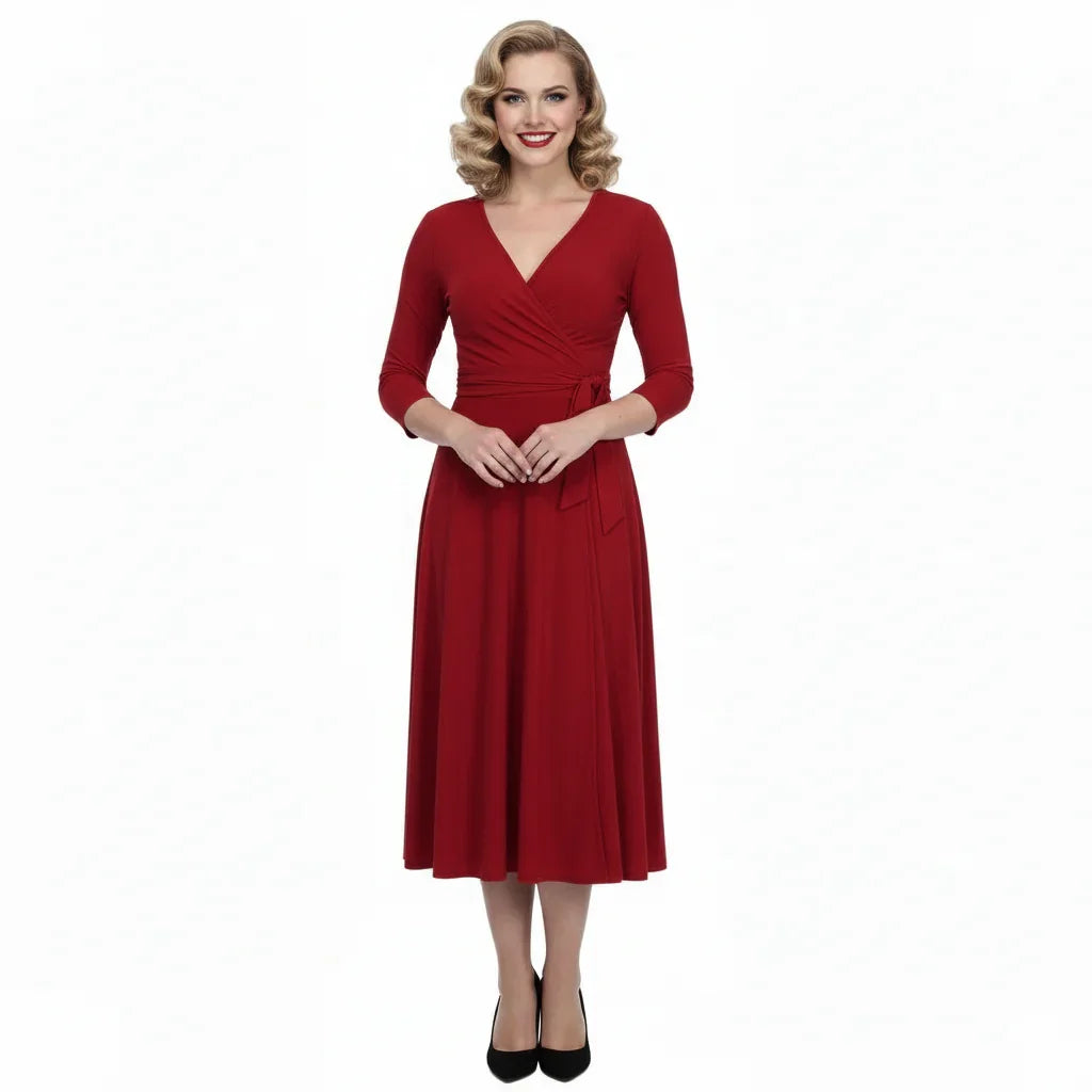 Red 3/4 Sleeve Wrap Top Vintage Swing Dress