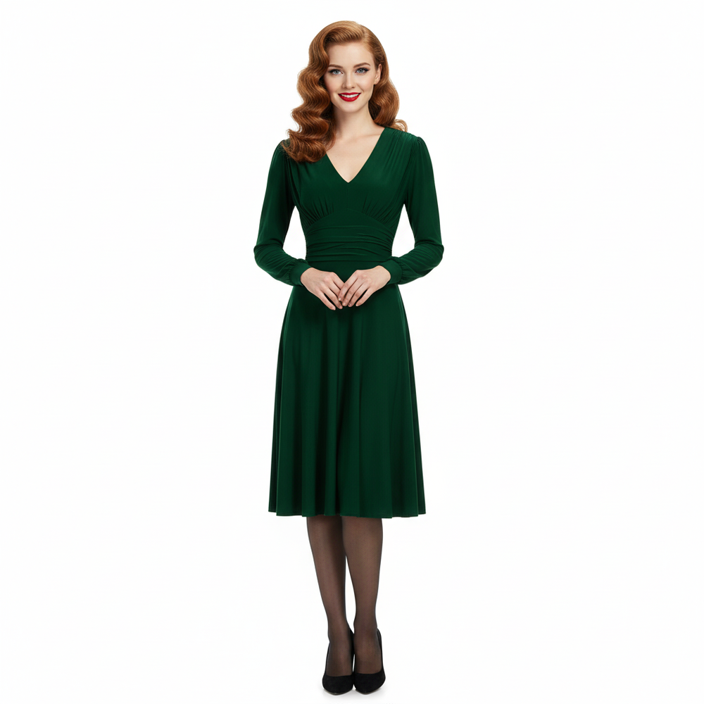 Forest Green Long Sleeve Ruched Deep V Neck Dress