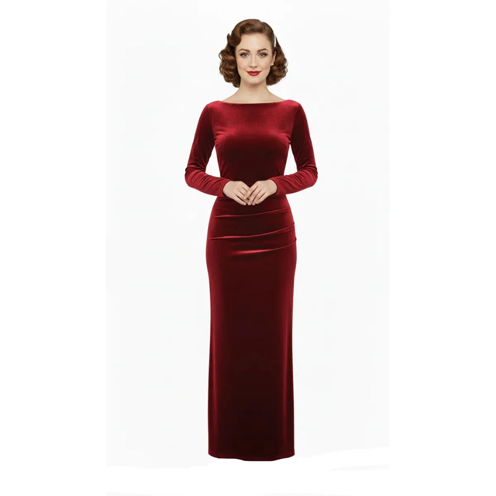 Claret Wine Red Long Sleeve Boatneck bodycon Velour Maxi Dress