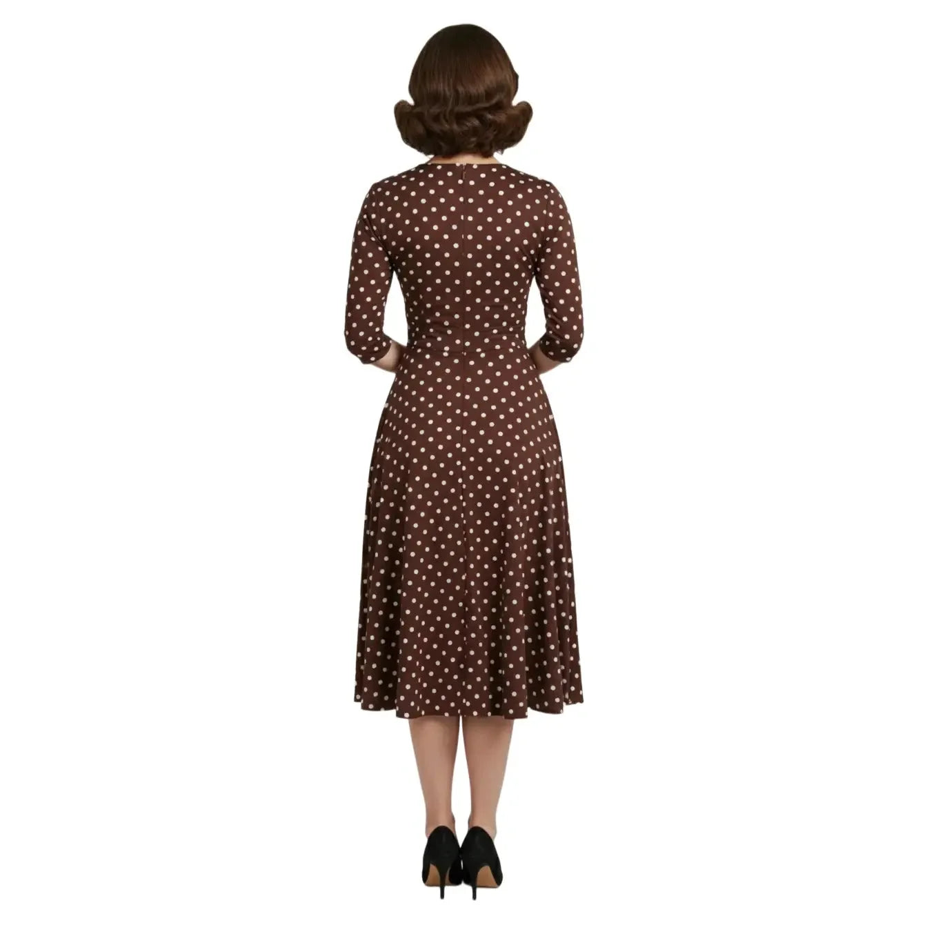 Chocolate Brown And White Polka Dot 3/4 Length Sleeve Fit And Flare Midi Dress