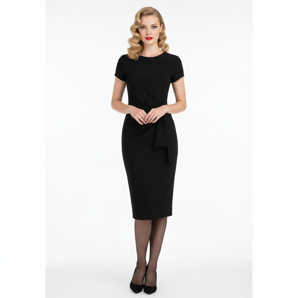 Black Short Sleeve Ruched Tie Bodycon Pencil Dress