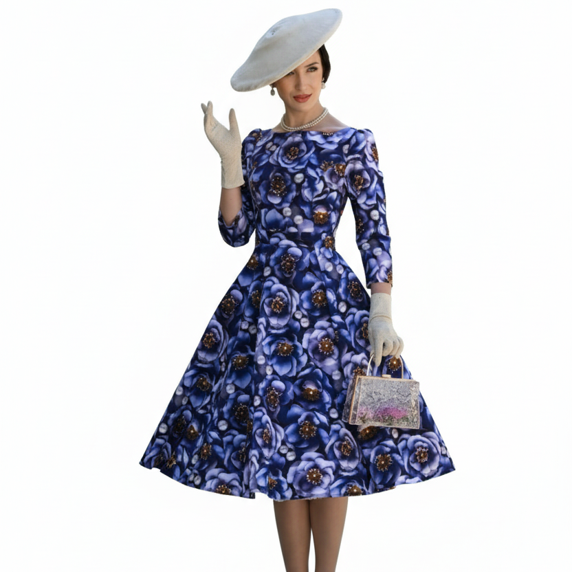 3D Blue Multi Floral Print 3/4 Sleeve Boat Neckline 50s Swing Dress With Pockets