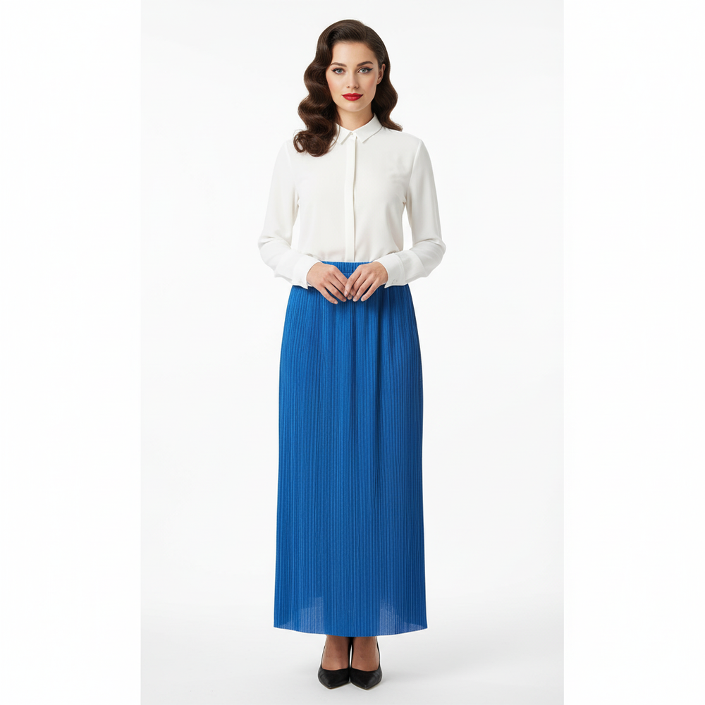 Royal Blue Pleated Midi Skirt With Elasticated Waist
