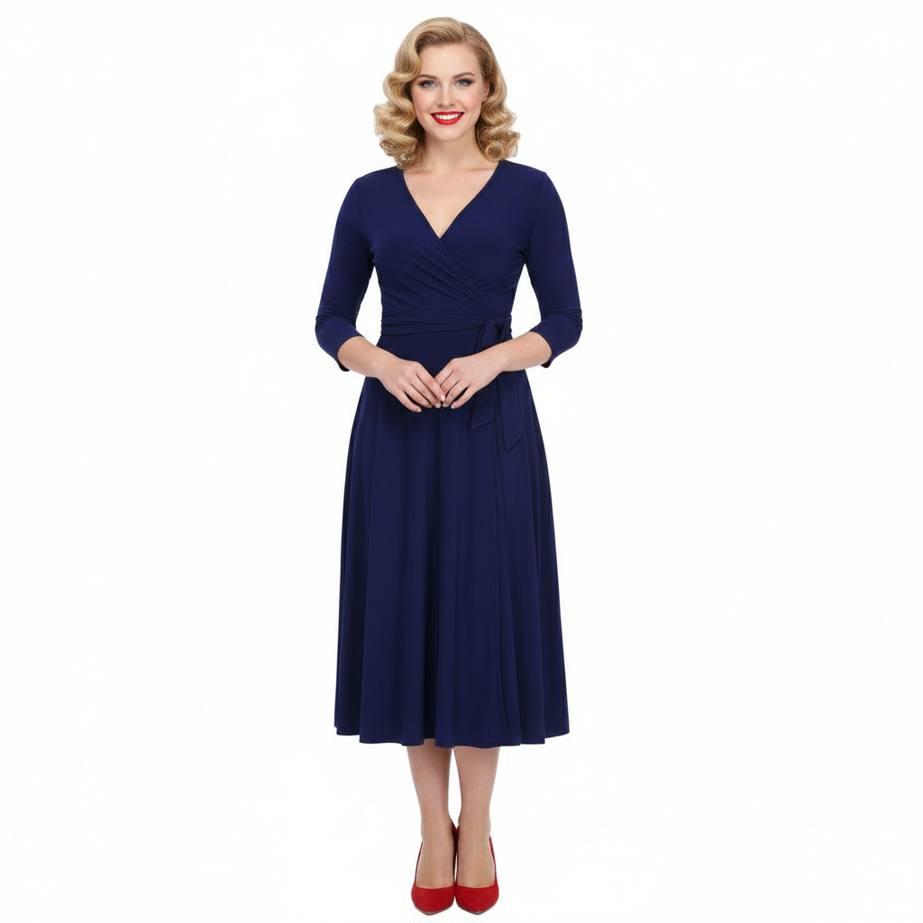 Navy Blue 3/4 Sleeve Wrap Top Vintage Swing Dress