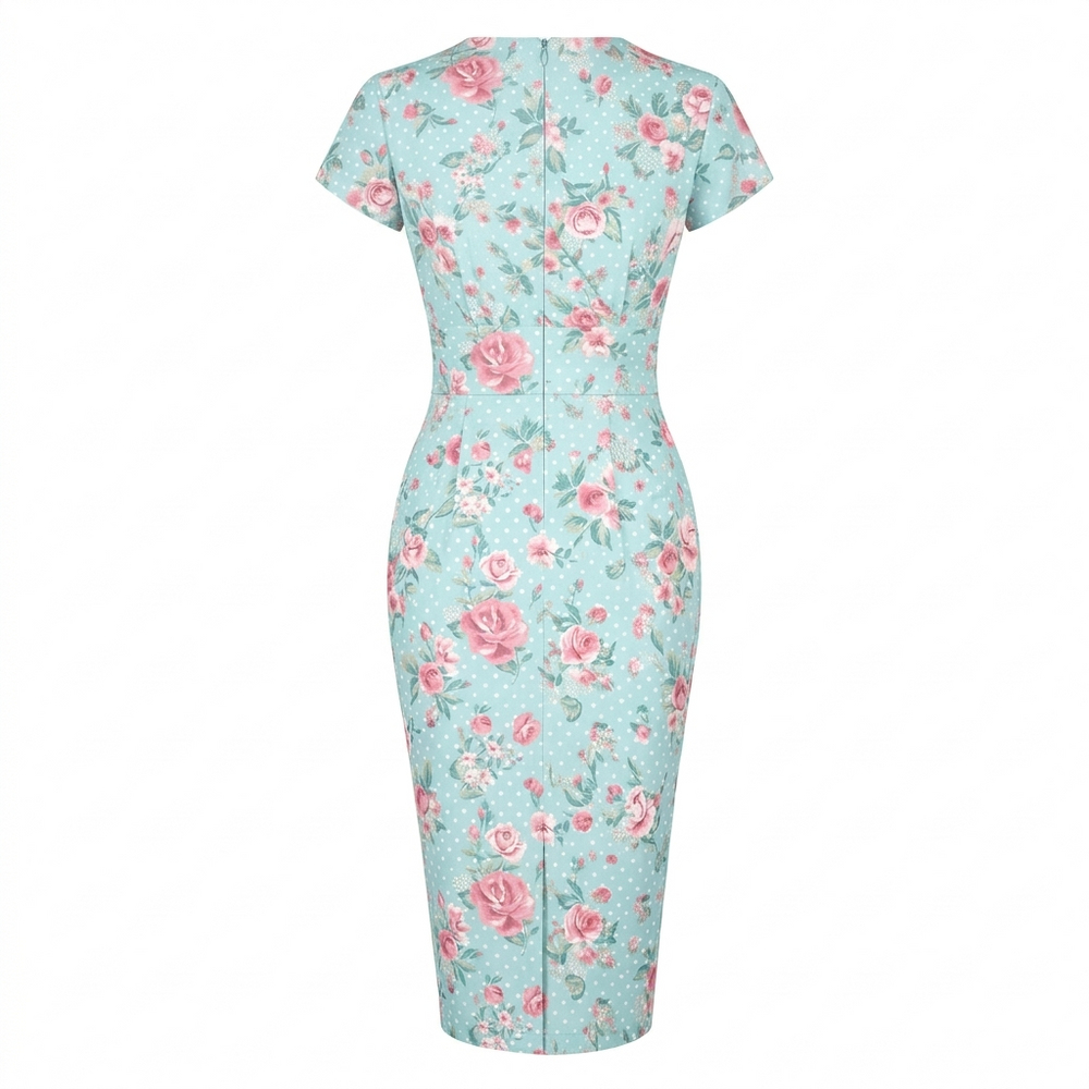 Vintage Blue Floral Polka Dot Wiggle Dress – 1950s Style V Neck Ruched Waist Wiggle Dress