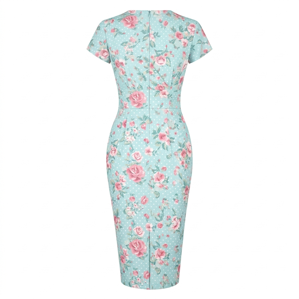 Vintage Blue Floral Polka Dot Wiggle Dress – 1950s Style V Neck Ruched Waist Wiggle Dress