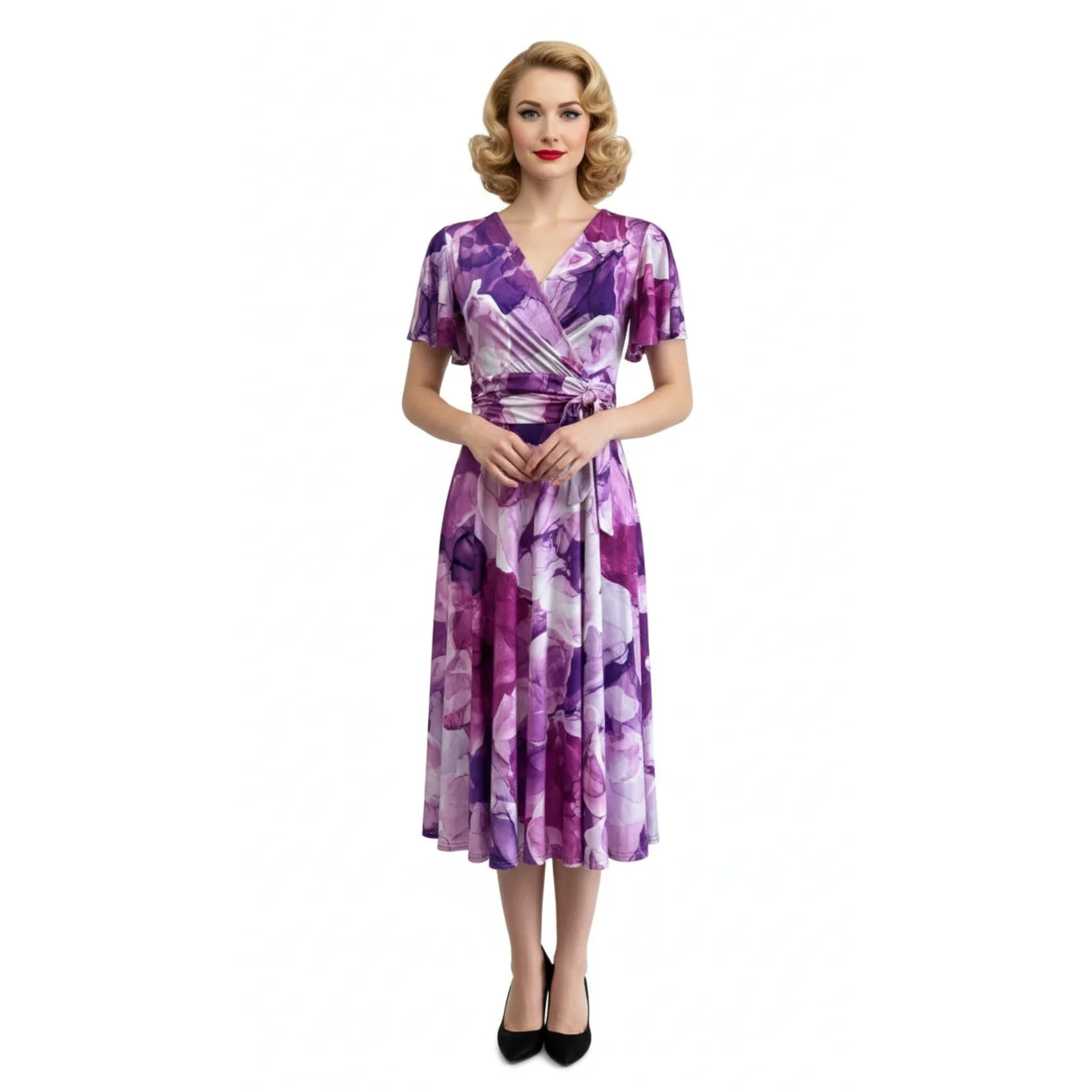 Purple And White Floral Print Wrap Over Fit And Flare Swing Dress