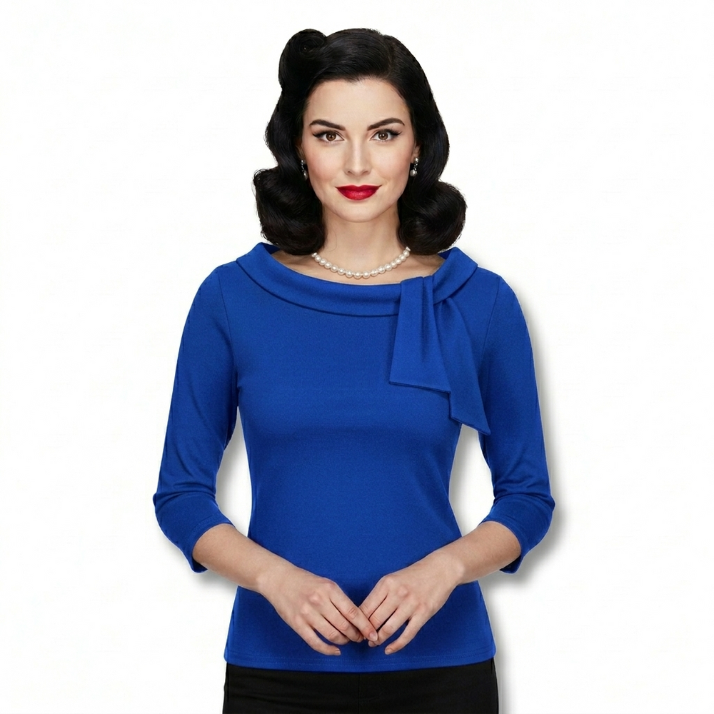 Royal Blue Vintage 3/4 Sleeve Tie Neck Top