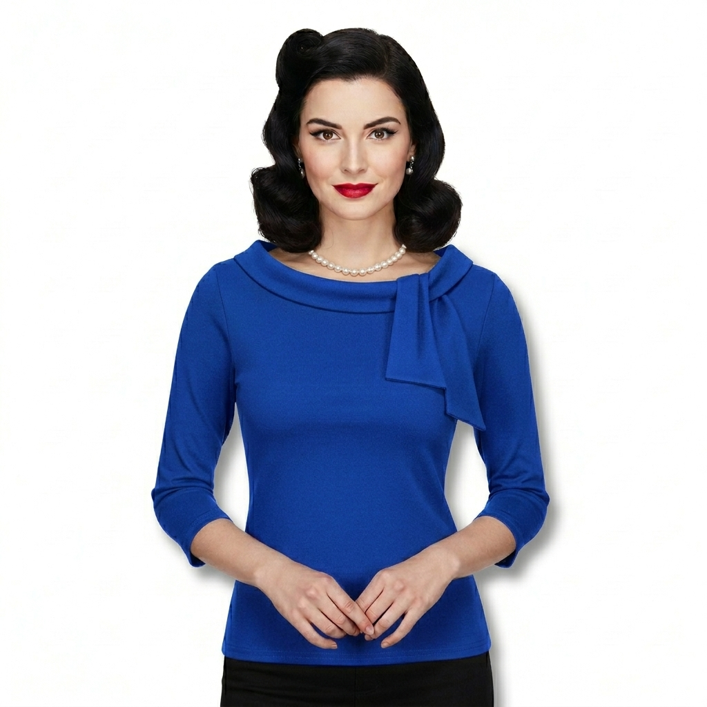 Royal Blue Vintage 3/4 Sleeve Tie Neck Top