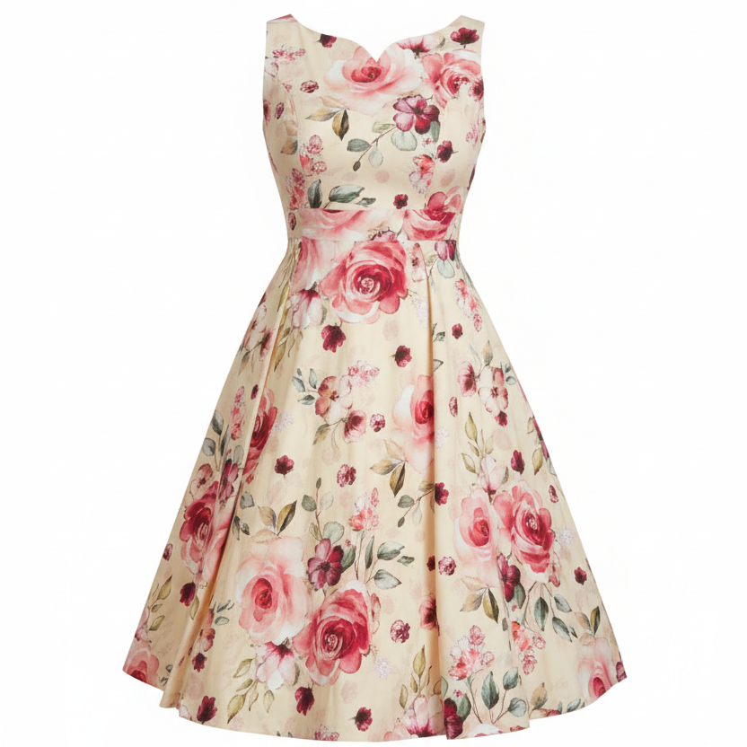 Soft Yellow Cream and Pink Rose Print Summer Party Swing Dress