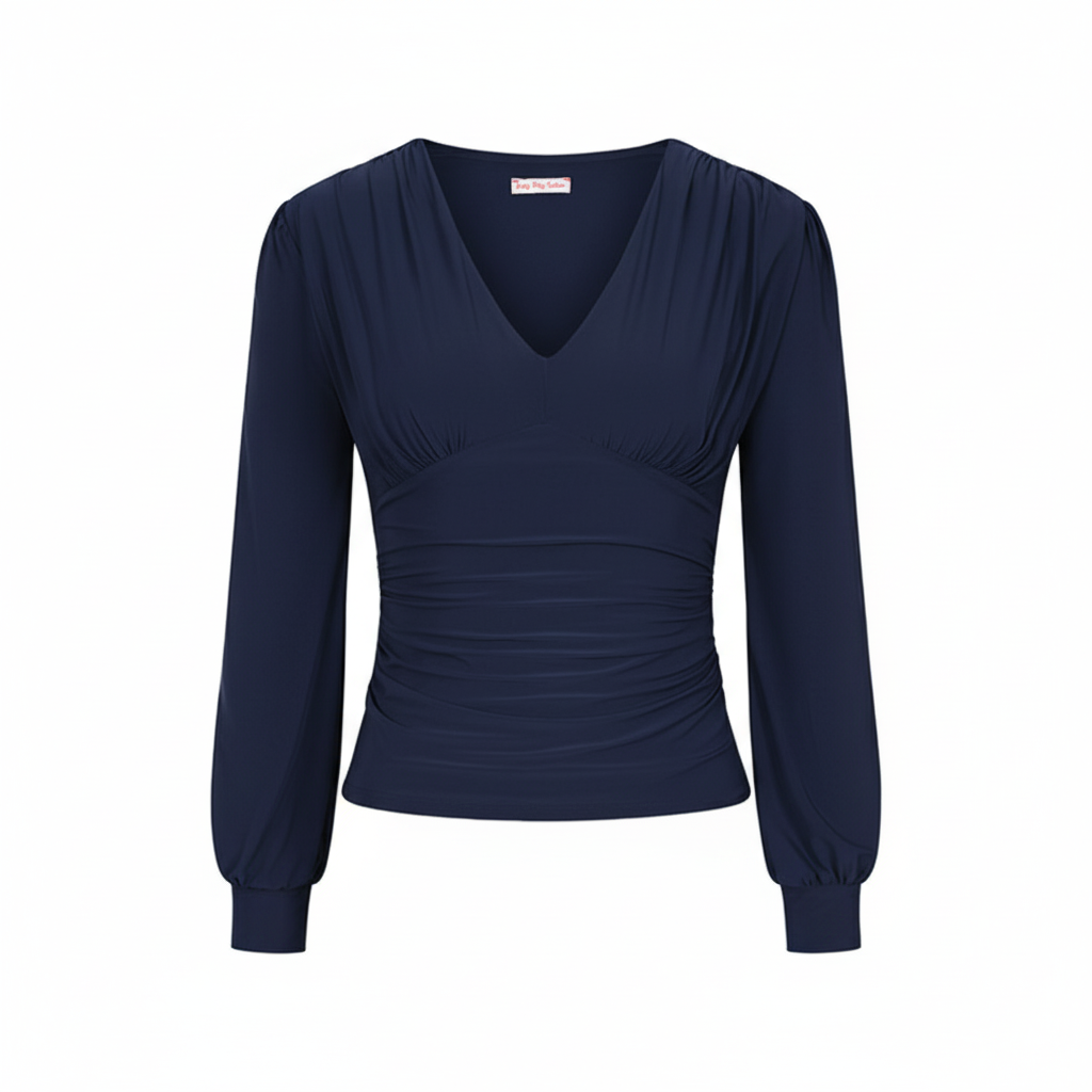 Navy Blue Long Sleeve Gathered V Neck Top