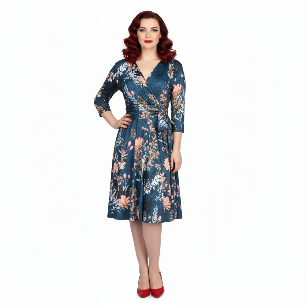 Teal Green Floral 3/4 Sleeve V Neck Crossover Top Empire Waist Tea Dress