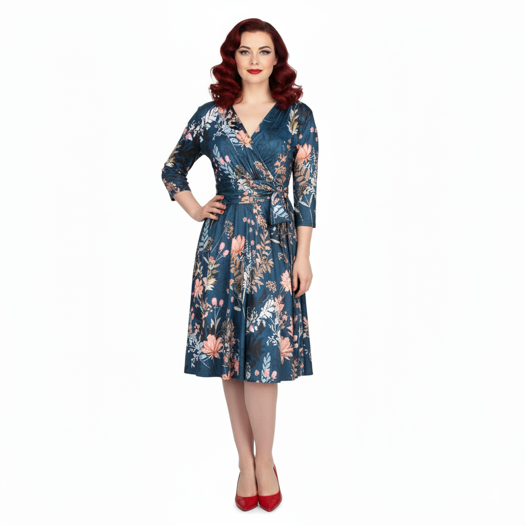 Teal Green Floral 3/4 Sleeve V Neck Crossover Top Empire Waist Tea Dress