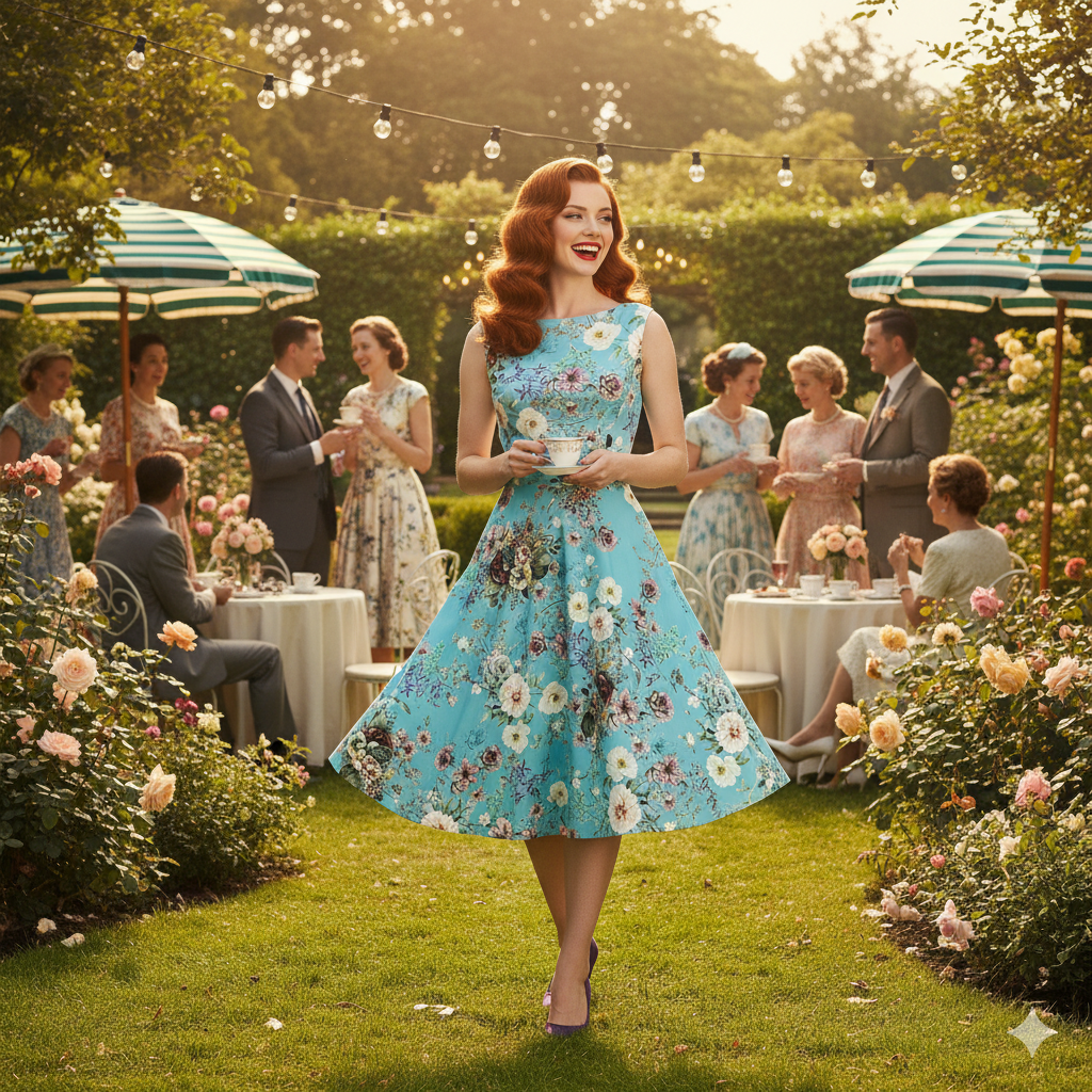 Blue Floral Audrey Hepburn Style Sleeveless 50s Swing Dress With Boat Neckline