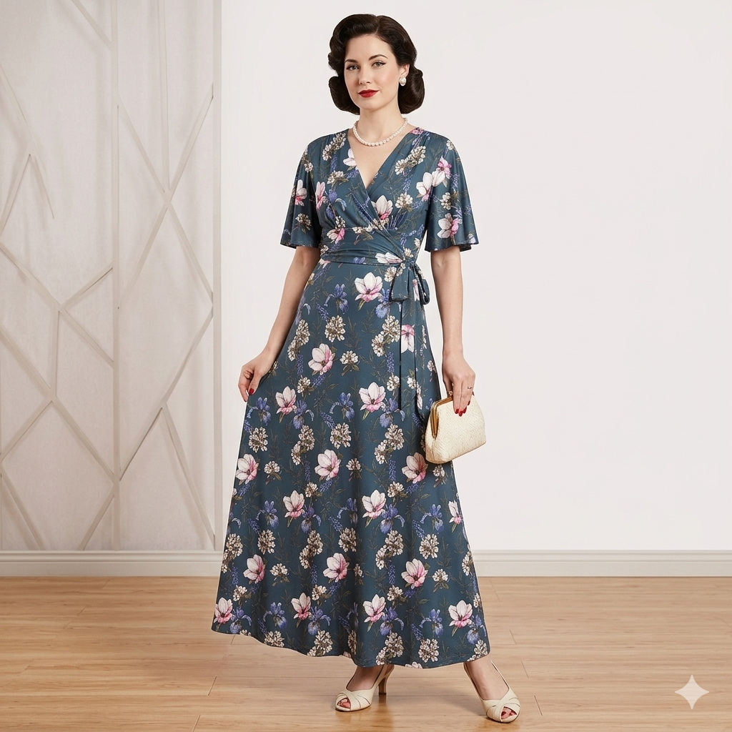 1950s Vintage Style Navy Blue Floral Maxi Dress - Short Flutter Sleeve V-Neck