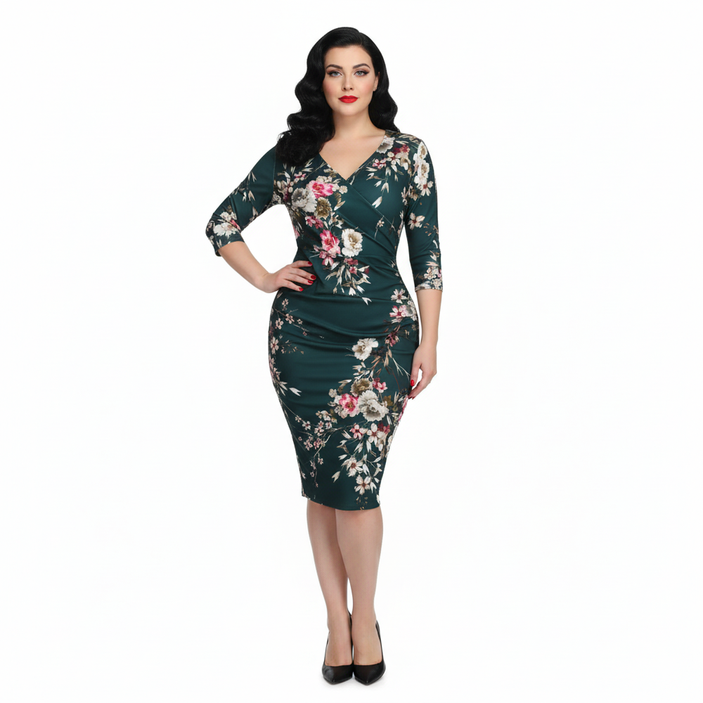 Forest Green Floral Print 40s 3/4 Sleeve Wiggle Wrap Dress