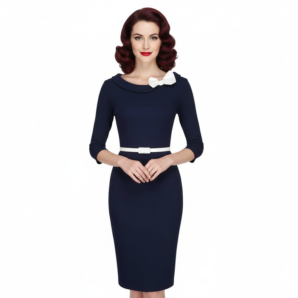 Navy Blue Cream Belted Bow Nautical Pencil Dress