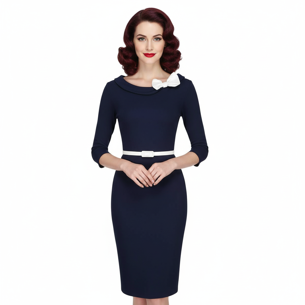 Navy Blue Cream Belted Bow Nautical Pencil Dress