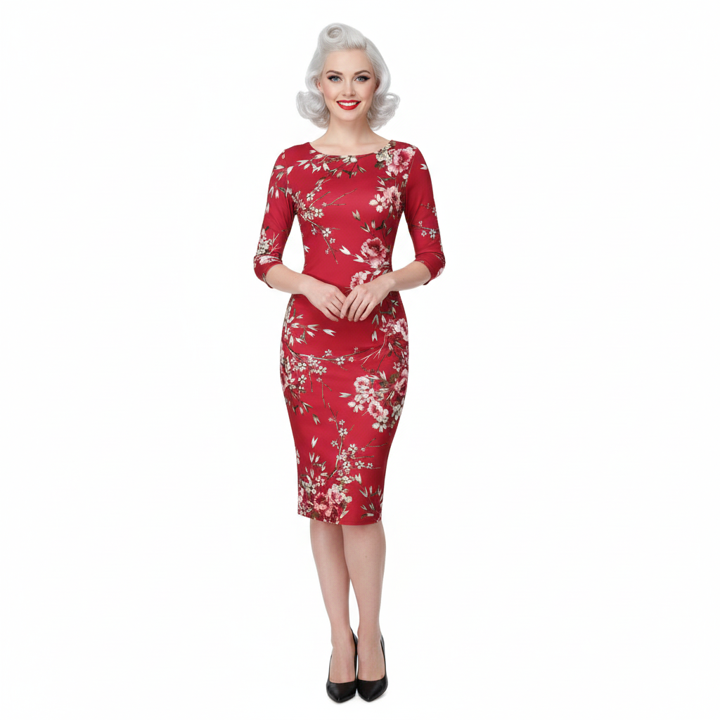 Red Floral 3/4 Sleeve Bodycon Pencil Wiggle Dress