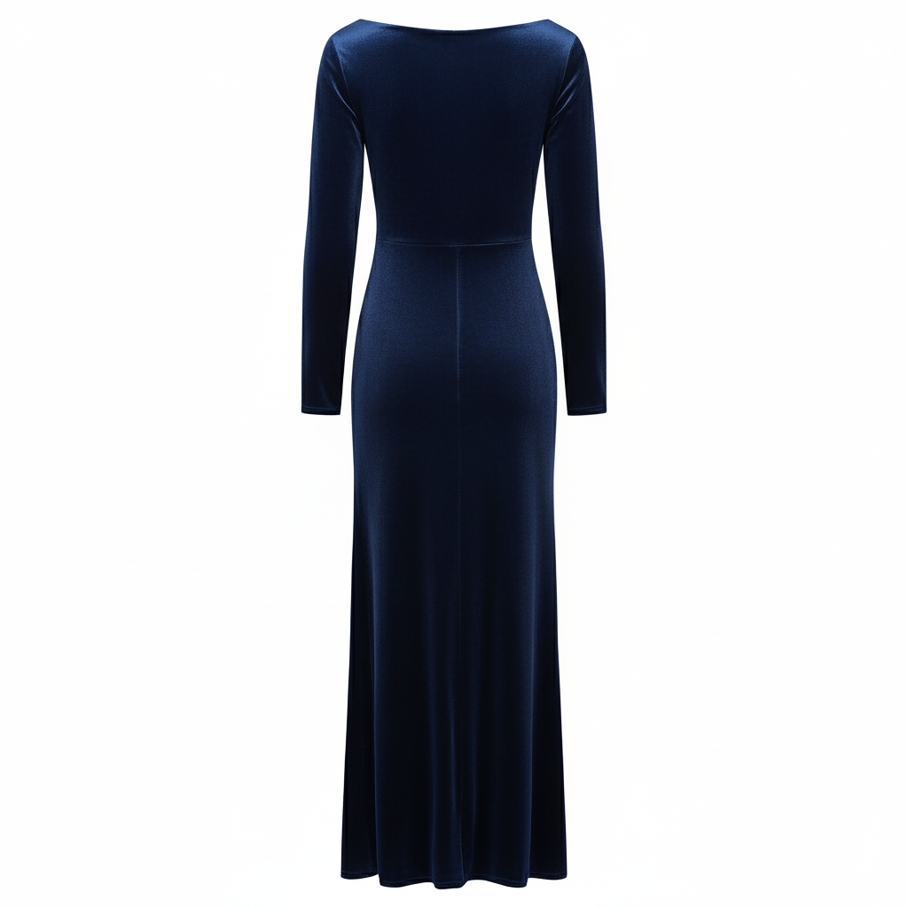 Navy Blue Long Sleeve Boatneck Bodycon Velour Maxi Dress